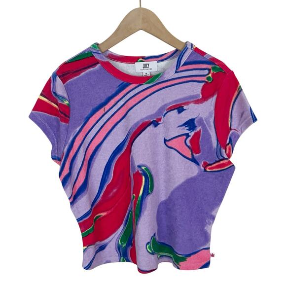 NWT Juicy Couture Purple Swirl Print Terry Cloth Cropped Top Size Medium - Picture 2 of 8